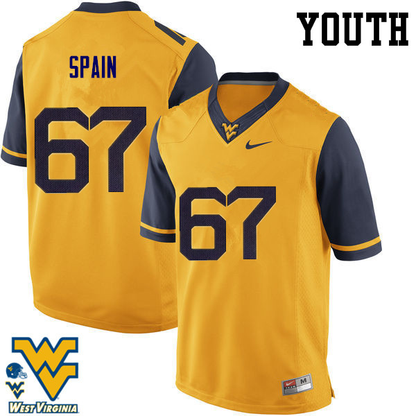 Youth #67 Quinton Spain West Virginia Mountaineers College Football Jerseys-Gold - Click Image to Close